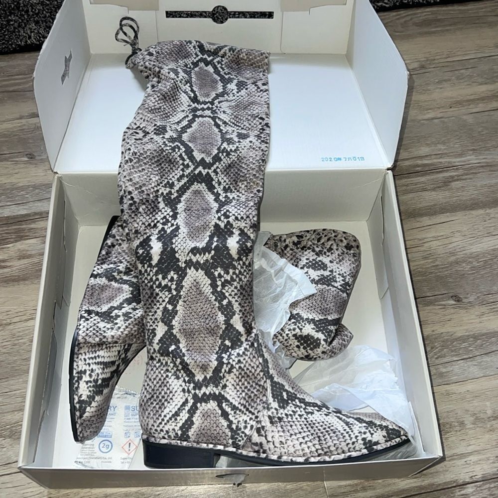 Marc Fisher Snake-Print Knee-High Boots in Black, Gray, Cream
